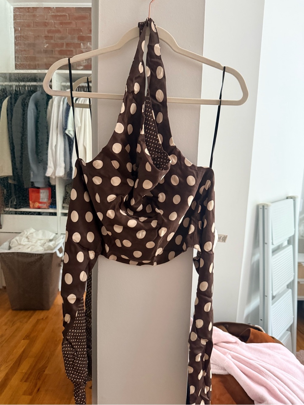 H&M Brown Halter Polka Dot Crop Top with Cream Dots